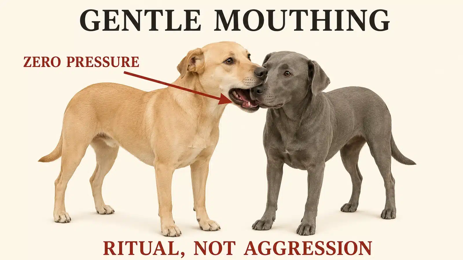 Dog gently and softly mouthing the muzzle of another dog as an appeasement ritual