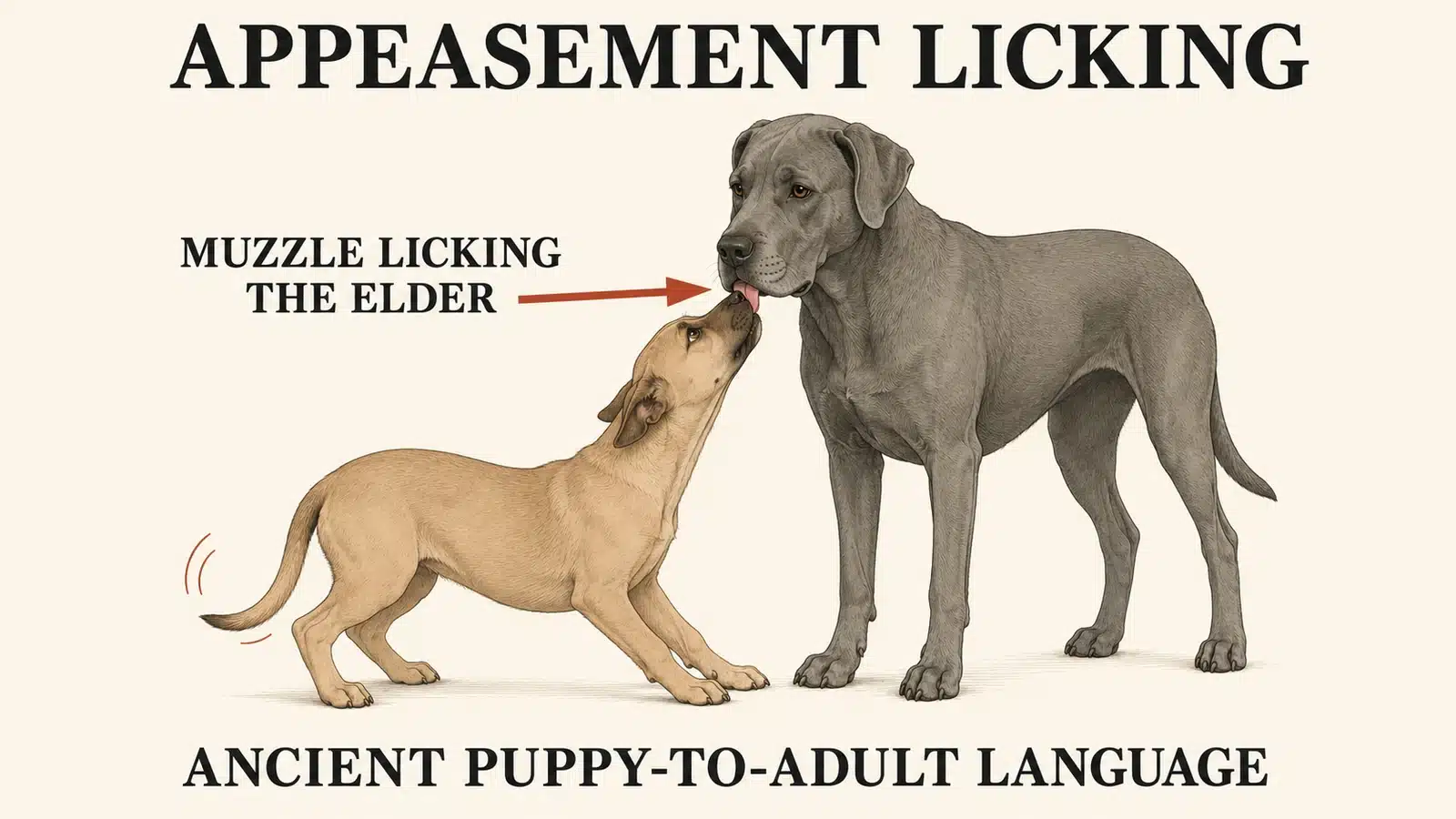 Smaller dog licking the muzzle of a larger dog in a classic appeasement greeting