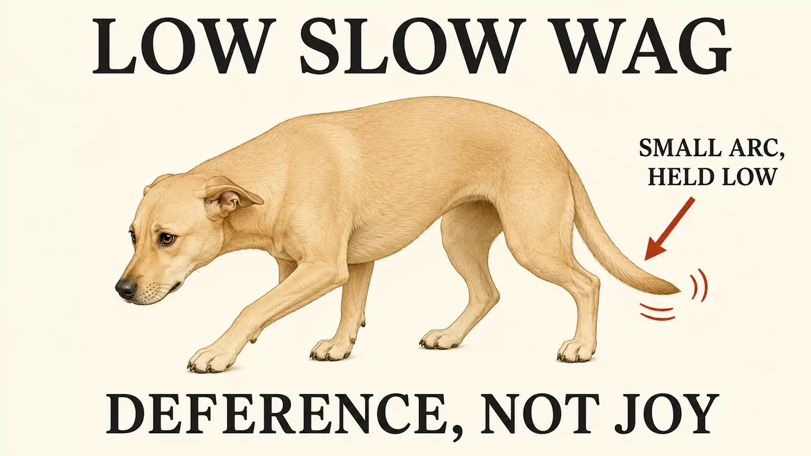 Dog wagging a low-held tail slowly while approaching in a deferential posture