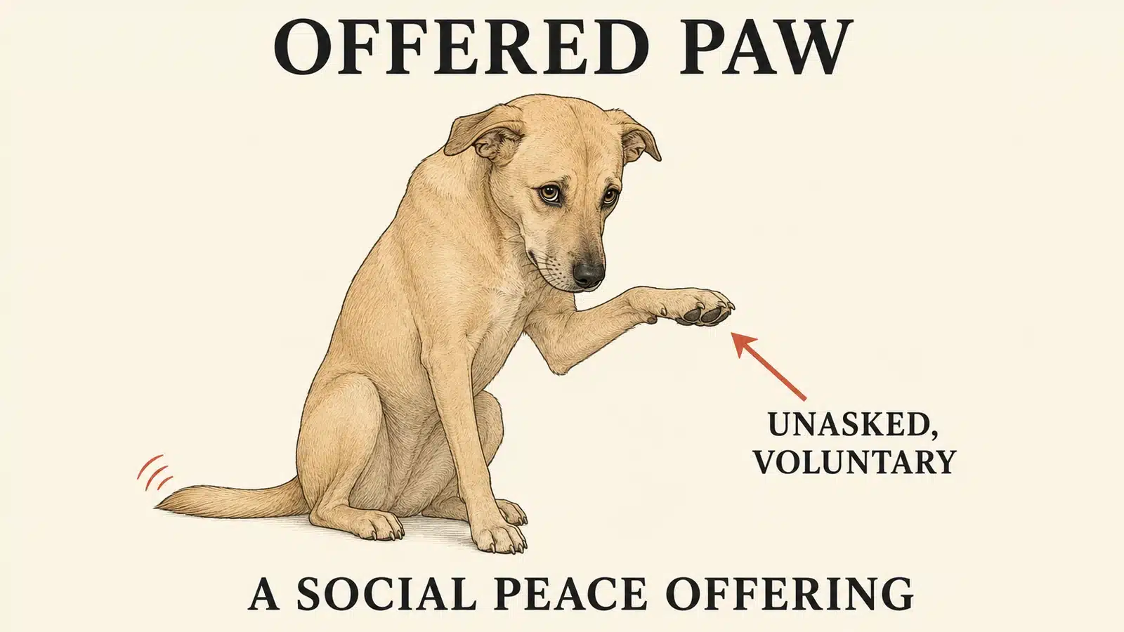 Dog sitting and offering a raised paw with a lowered head as an appeasement gesture