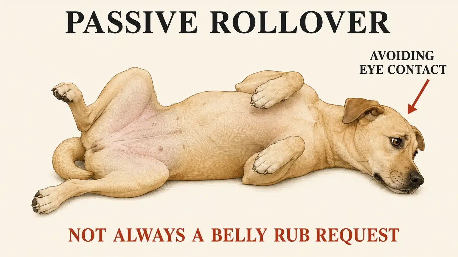 Dog rolled onto its back exposing the belly with a tucked tail as passive appeasement