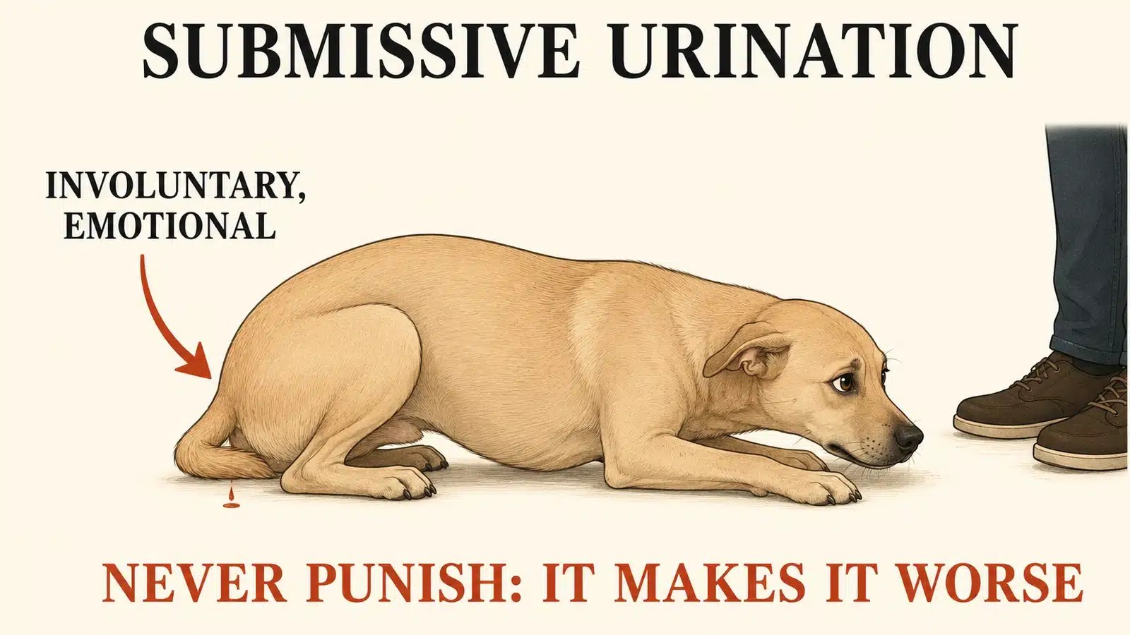 Young dog crouching low with a tucked tail during a greeting, the posture of submissive urination