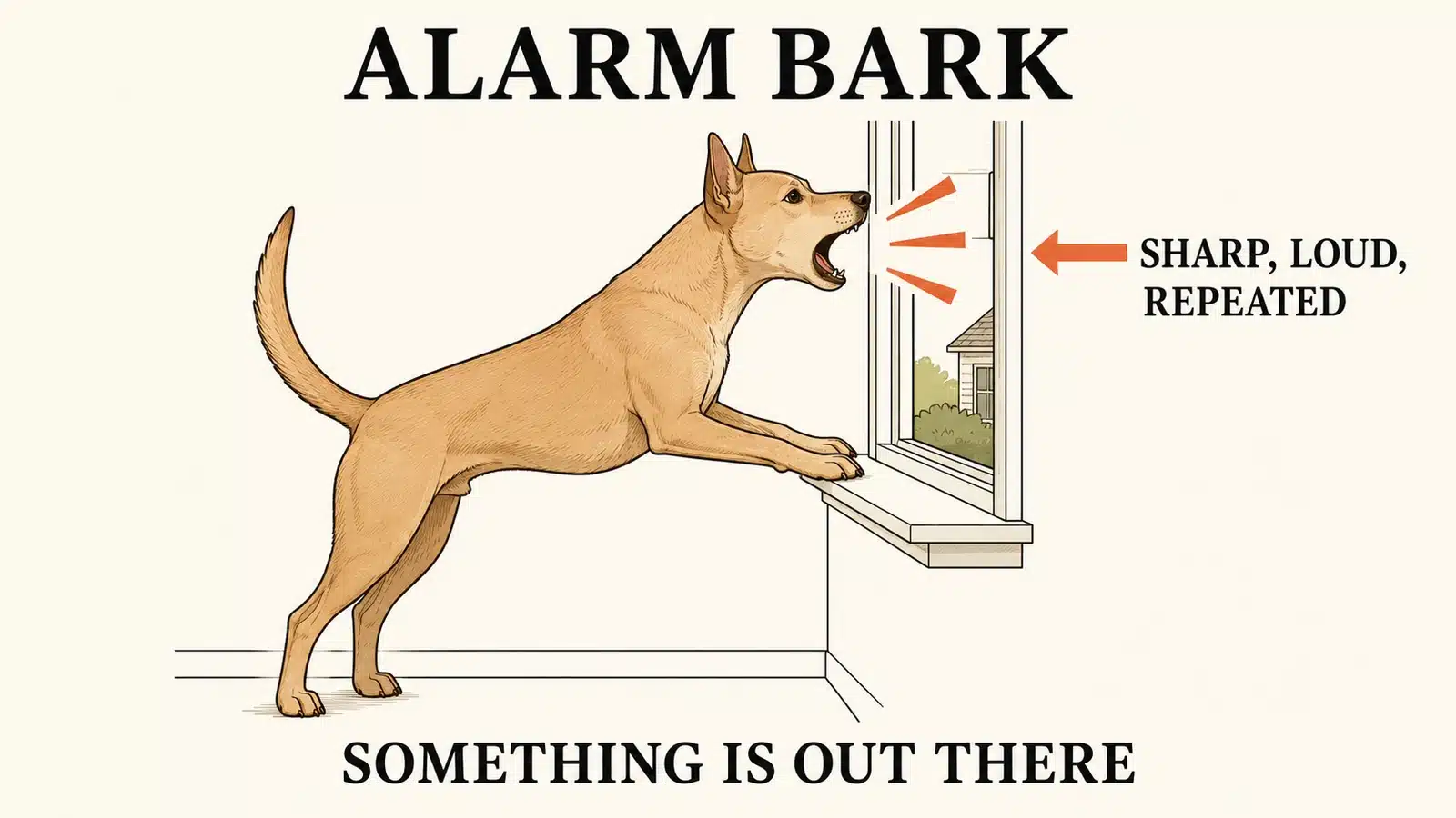 Dog at a window delivering sharp alarm barks at something outside