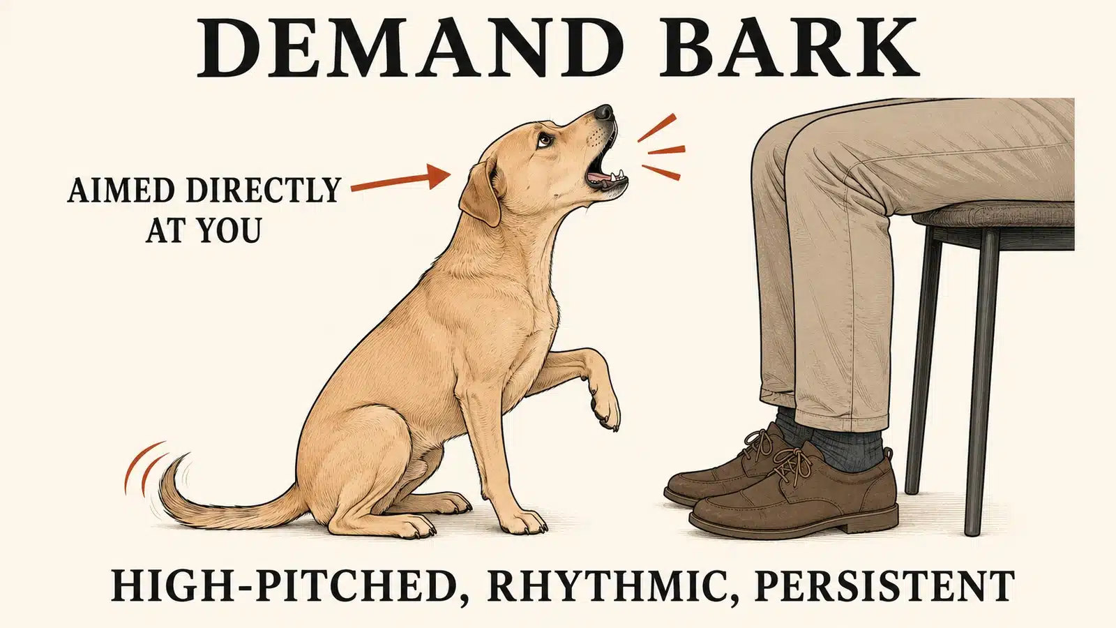 Dog sitting in front of a person barking up at them to demand attention