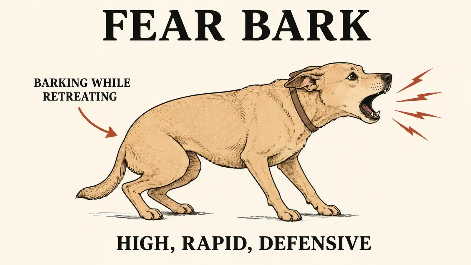 Fearful dog barking rapidly while backing away with lowered posture