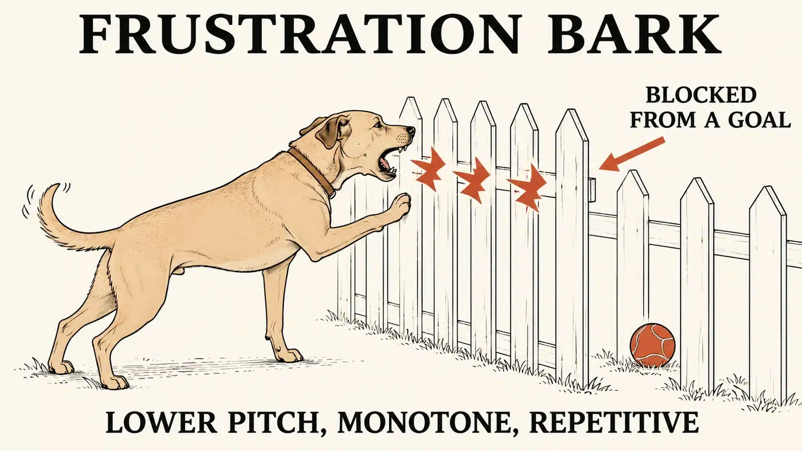 Dog barking with frustration behind a fence, unable to reach what it wants