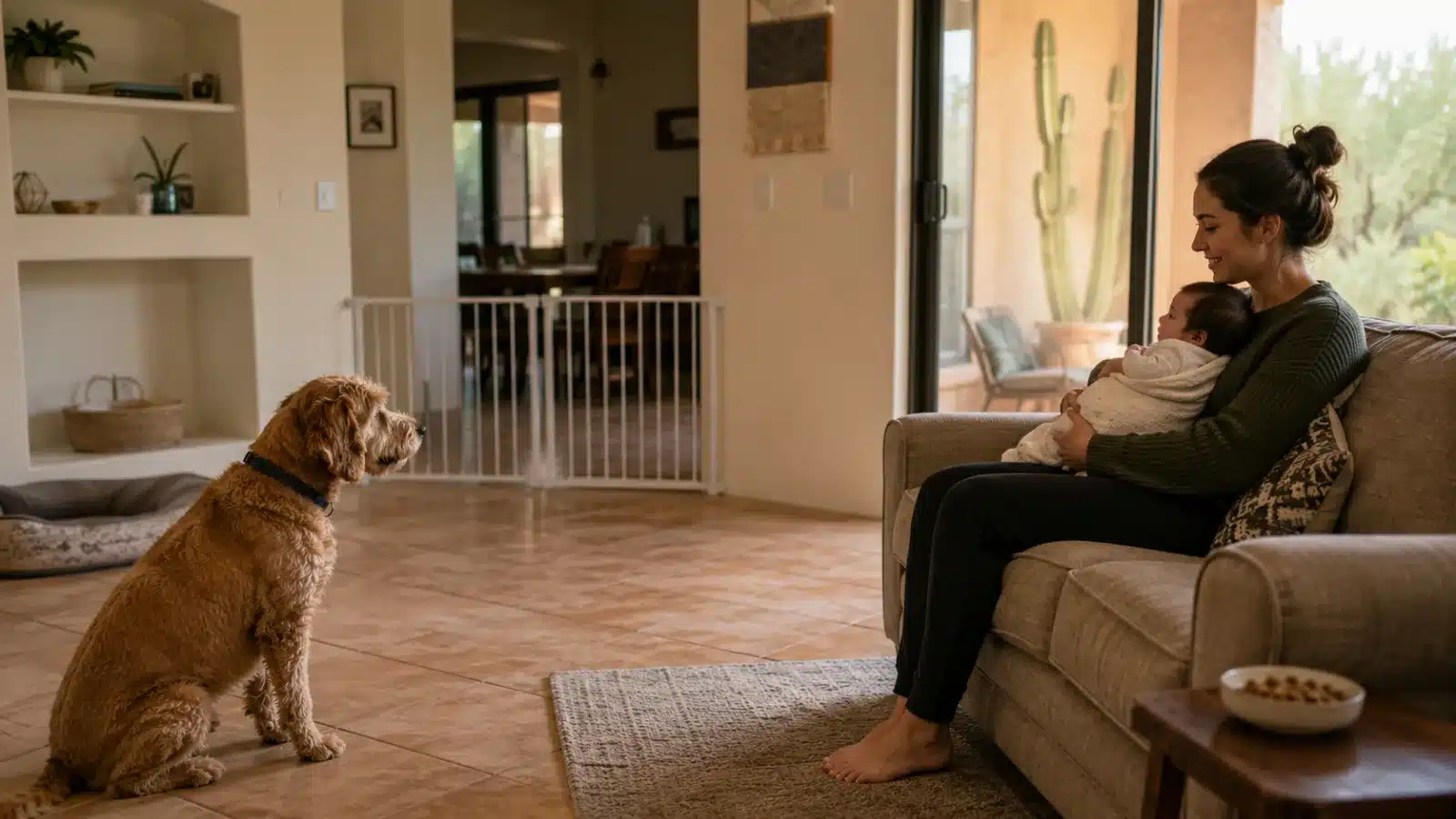 A calm first introduction with a parent holding a baby while the dog observes from a comfortable distance with a gate and treats visible, free to move away