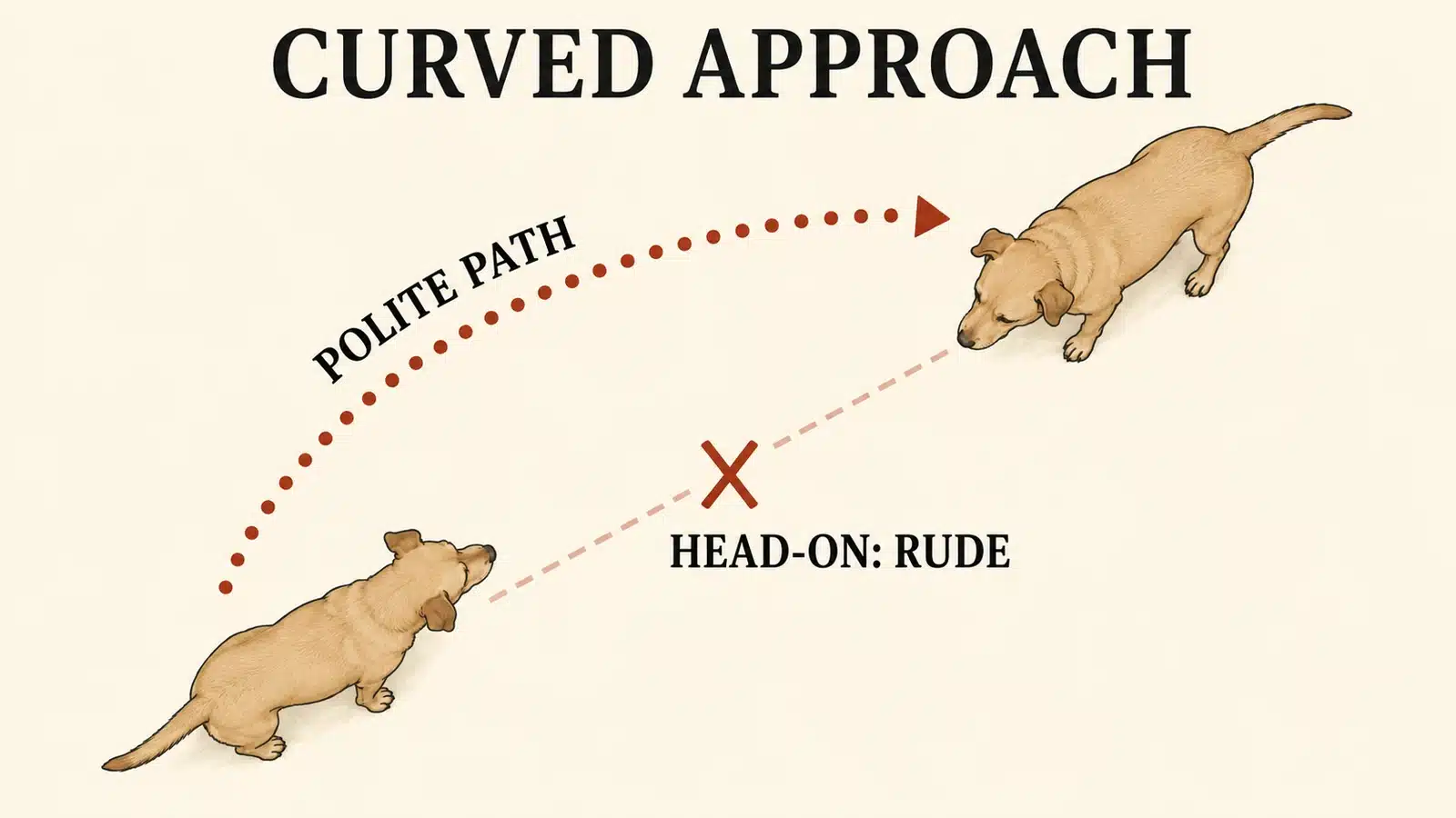 Overhead diagram of a dog approaching another dog in a polite curved arc rather than head-on