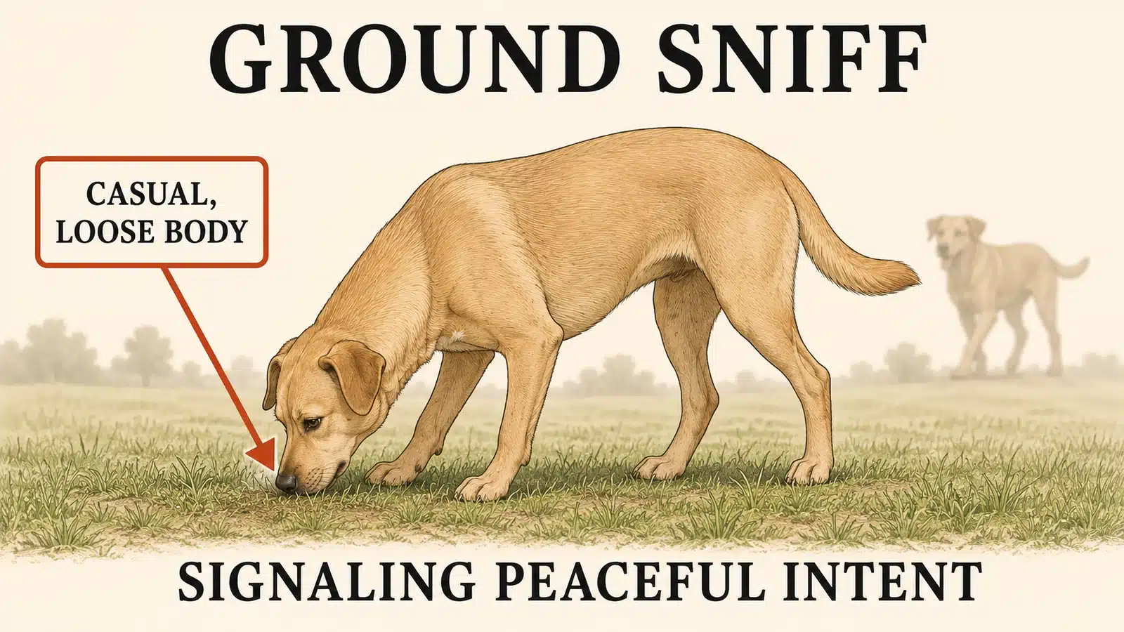 Dog casually sniffing the ground to signal peaceful intent during an approach