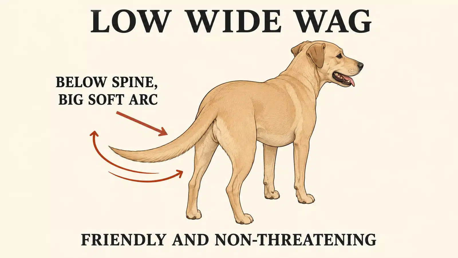 Dog wagging its tail in a low, wide relaxed arc showing friendly calm intent