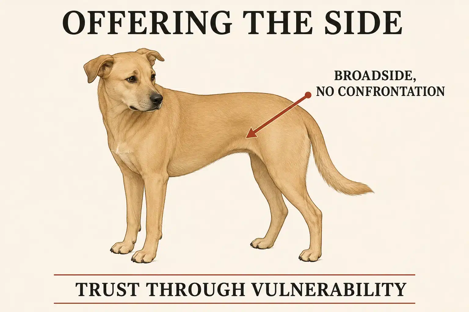 Dog turning its side and flank toward another dog to show non-threatening intent