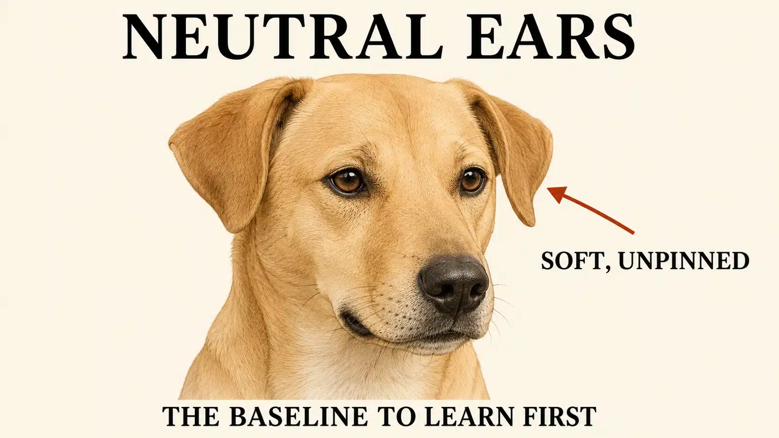 Dog with ears in a soft neutral position indicating a calm emotional state