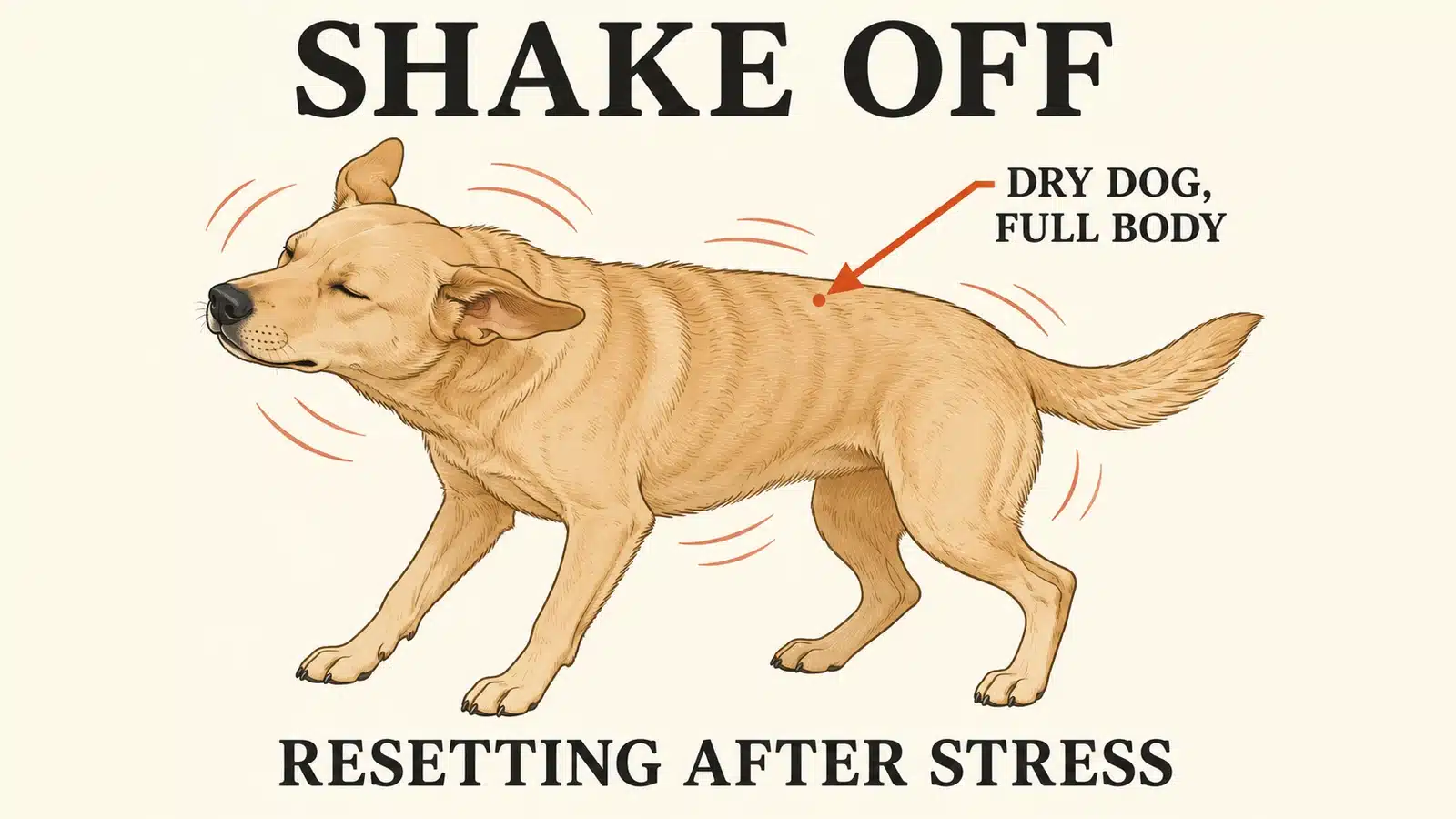 Dry dog performing a full body shake off to release tension after a stressful moment