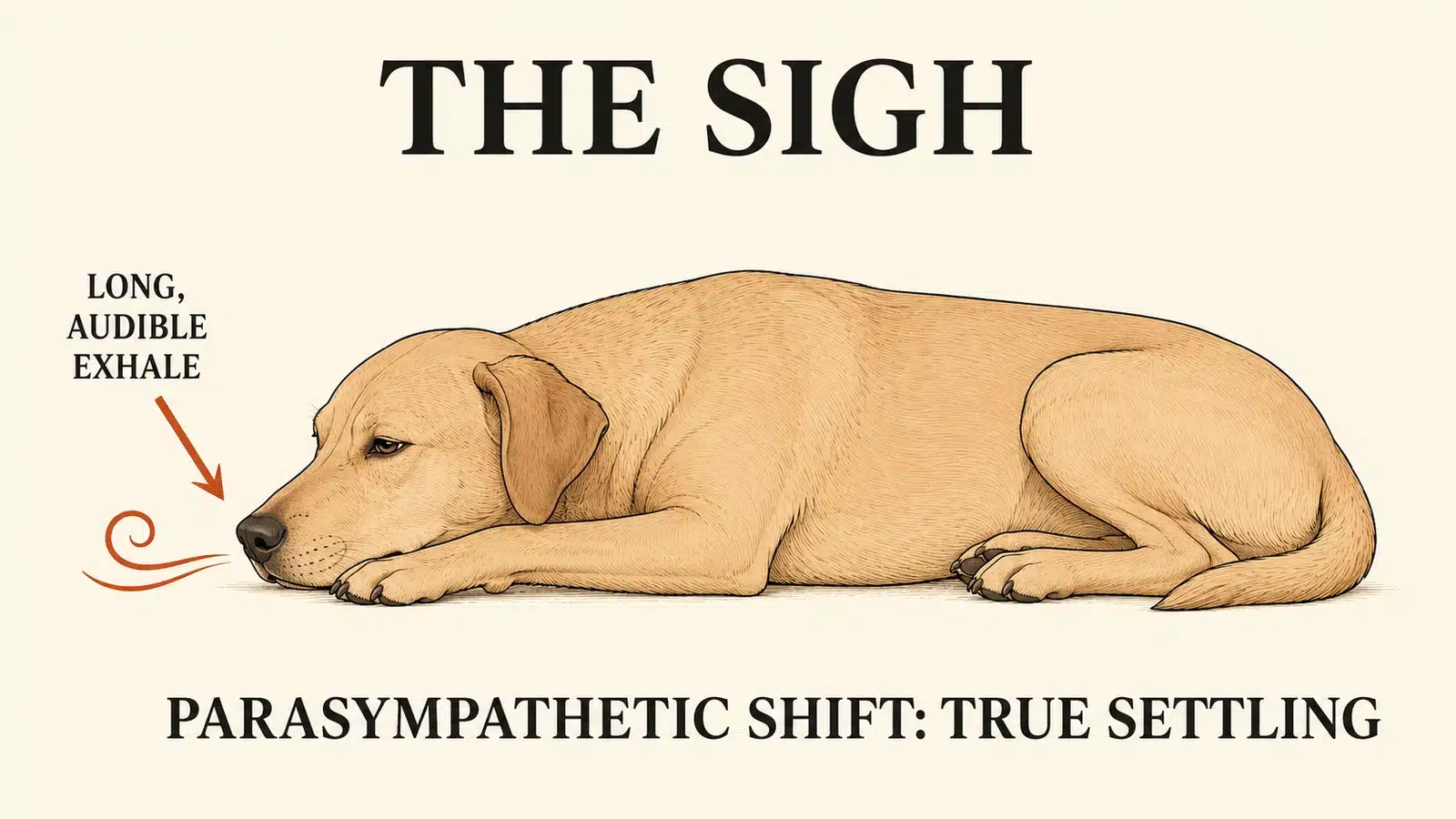 Dog lying with chin on paws exhaling a deep relaxed sigh
