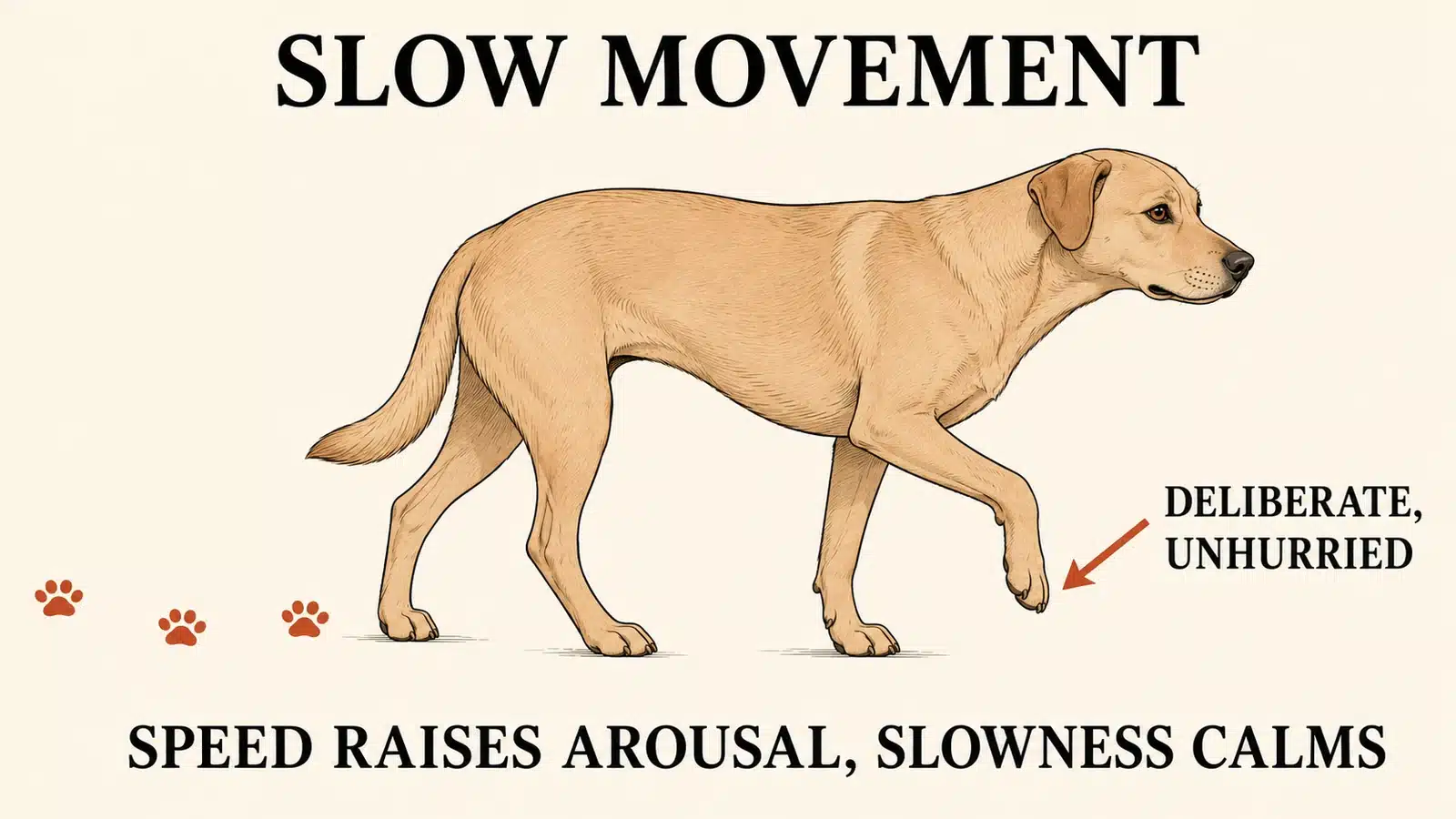 Dog moving in slow deliberate steps to keep an interaction calm