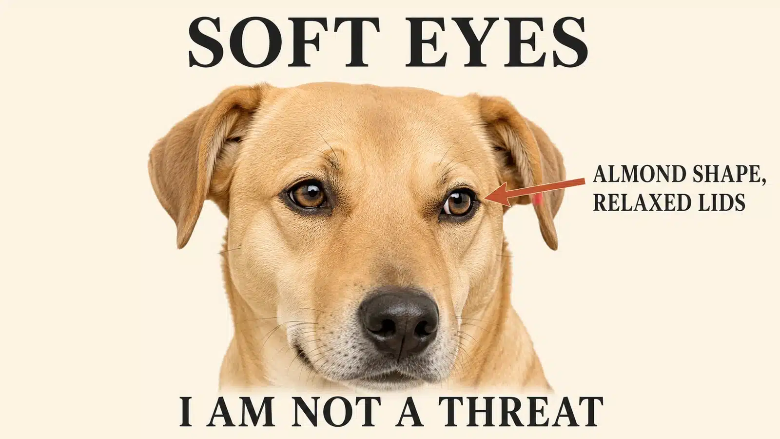 Dog with soft, almond-shaped relaxed eyes signaling non-threatening intent