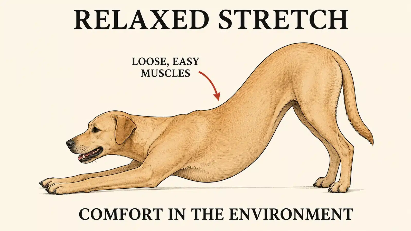 Dog performing a relaxed full body stretch signaling comfort and ease