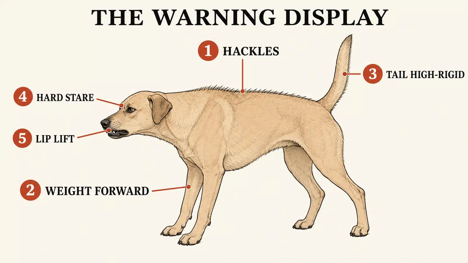 Fully labeled diagram of an aggressive warning display with hackles, hard stare, and forward weight
