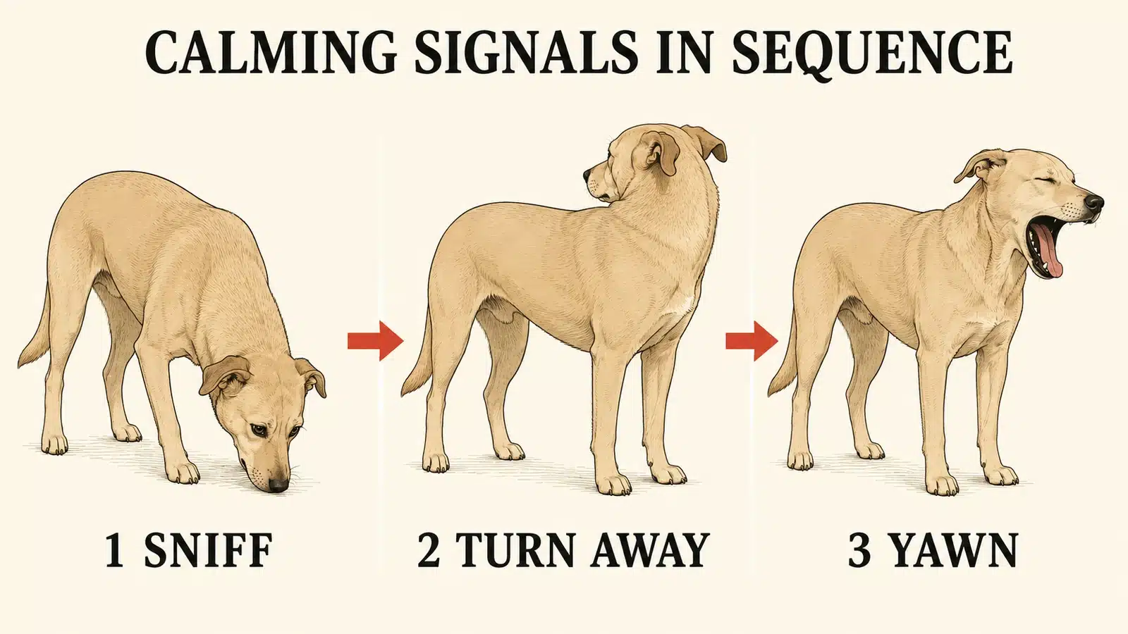 Three panel sequence of a dog using calming signals: ground sniff, head turn, and yawn
