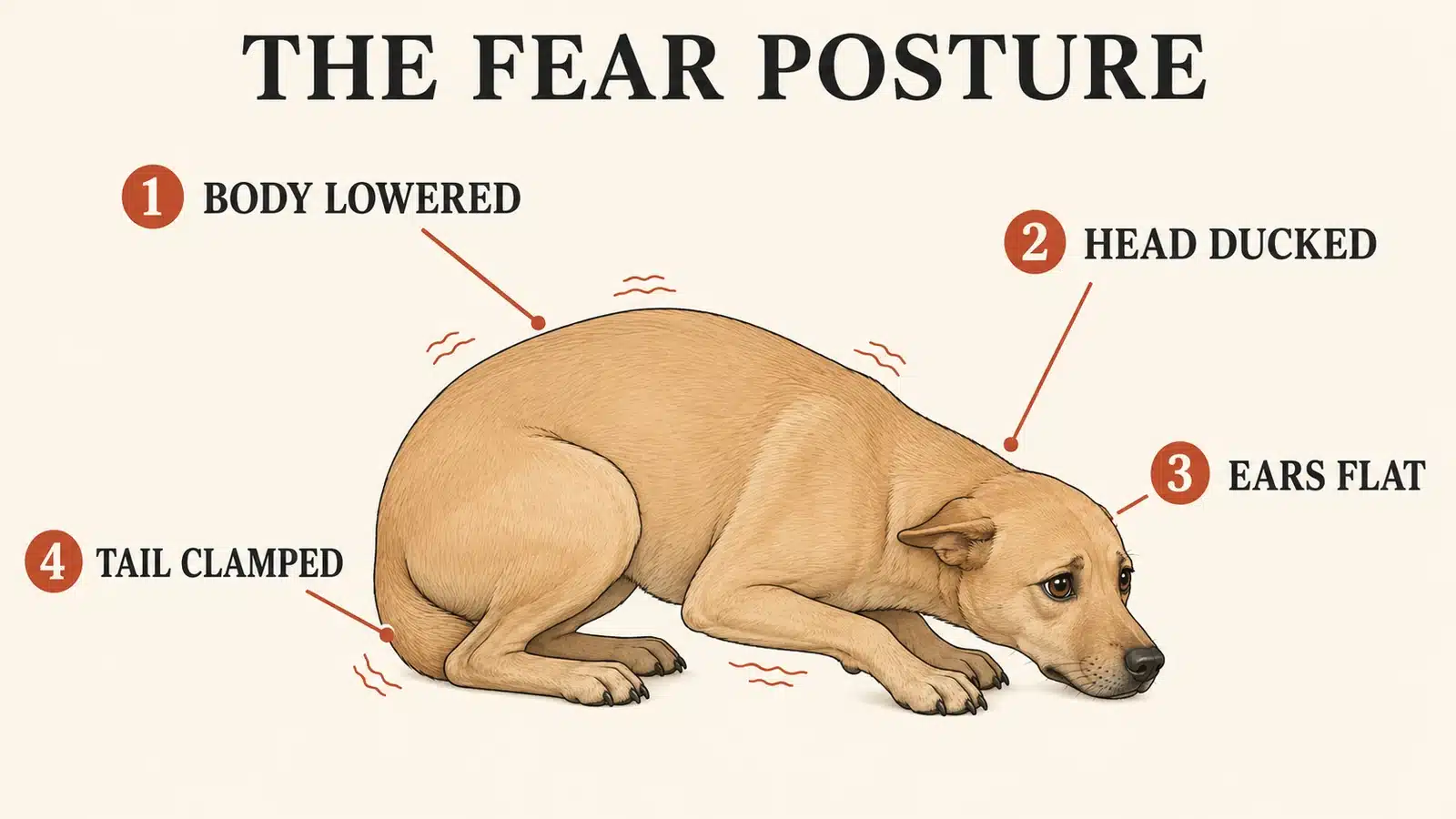 Labeled full body diagram of a fearful dog showing cowering, flattened ears, and a tucked tail