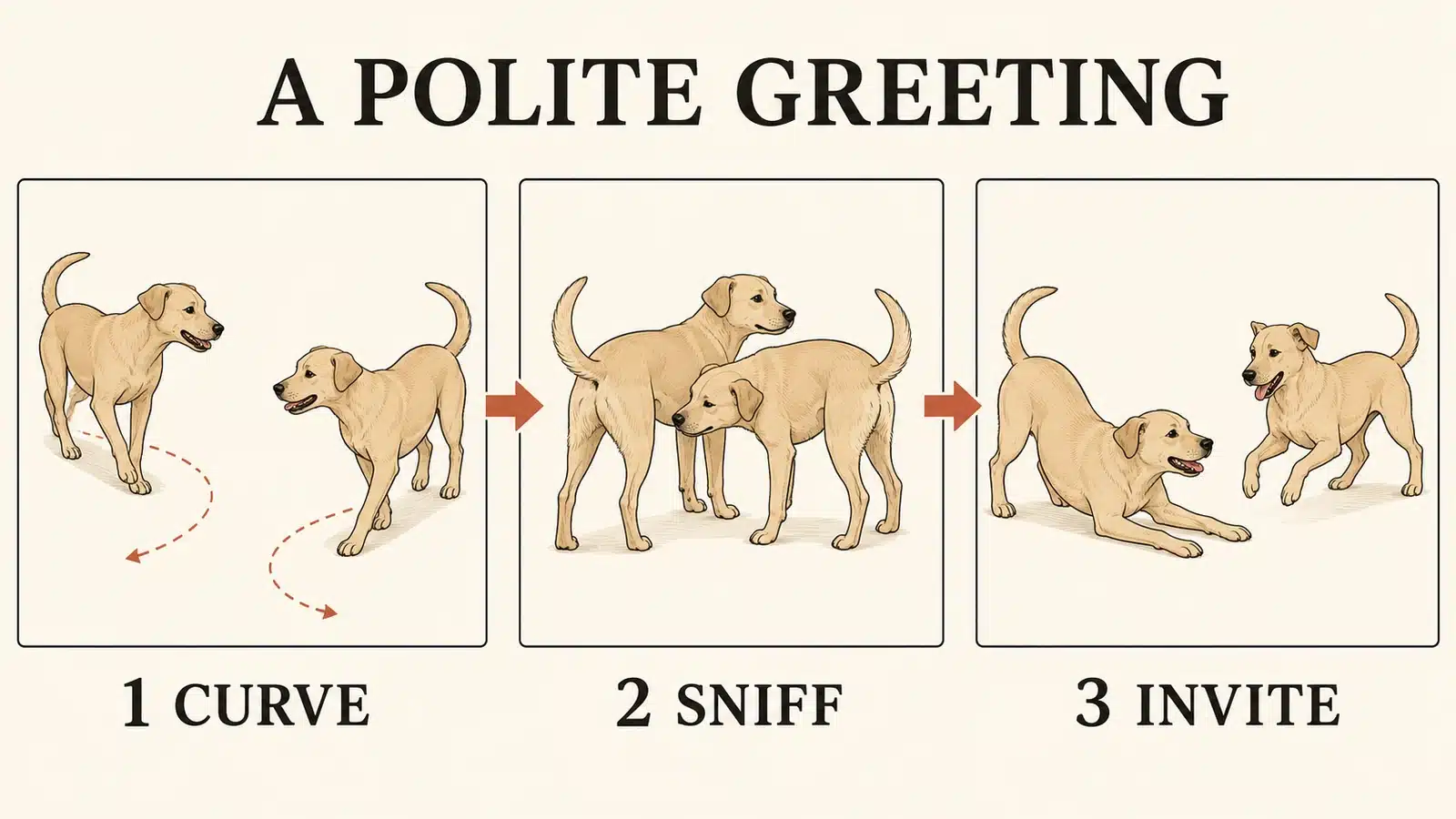 Three panel sequence showing a polite dog greeting from curved approach to sniff to play bow