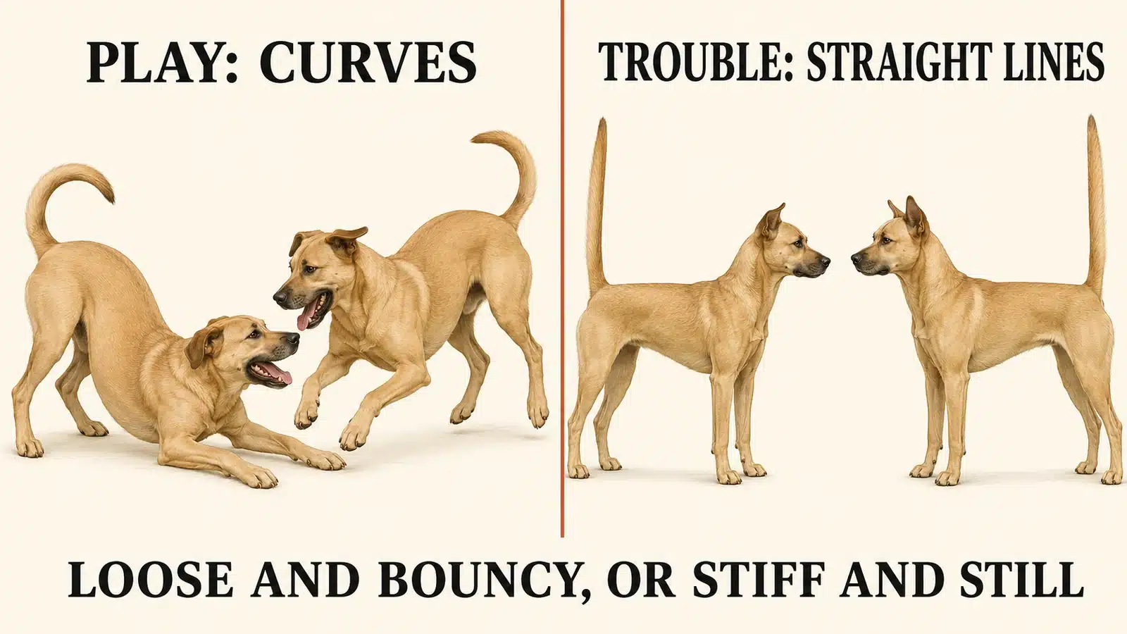 Comparison diagram of loose curved play posture versus stiff straight aggressive posture