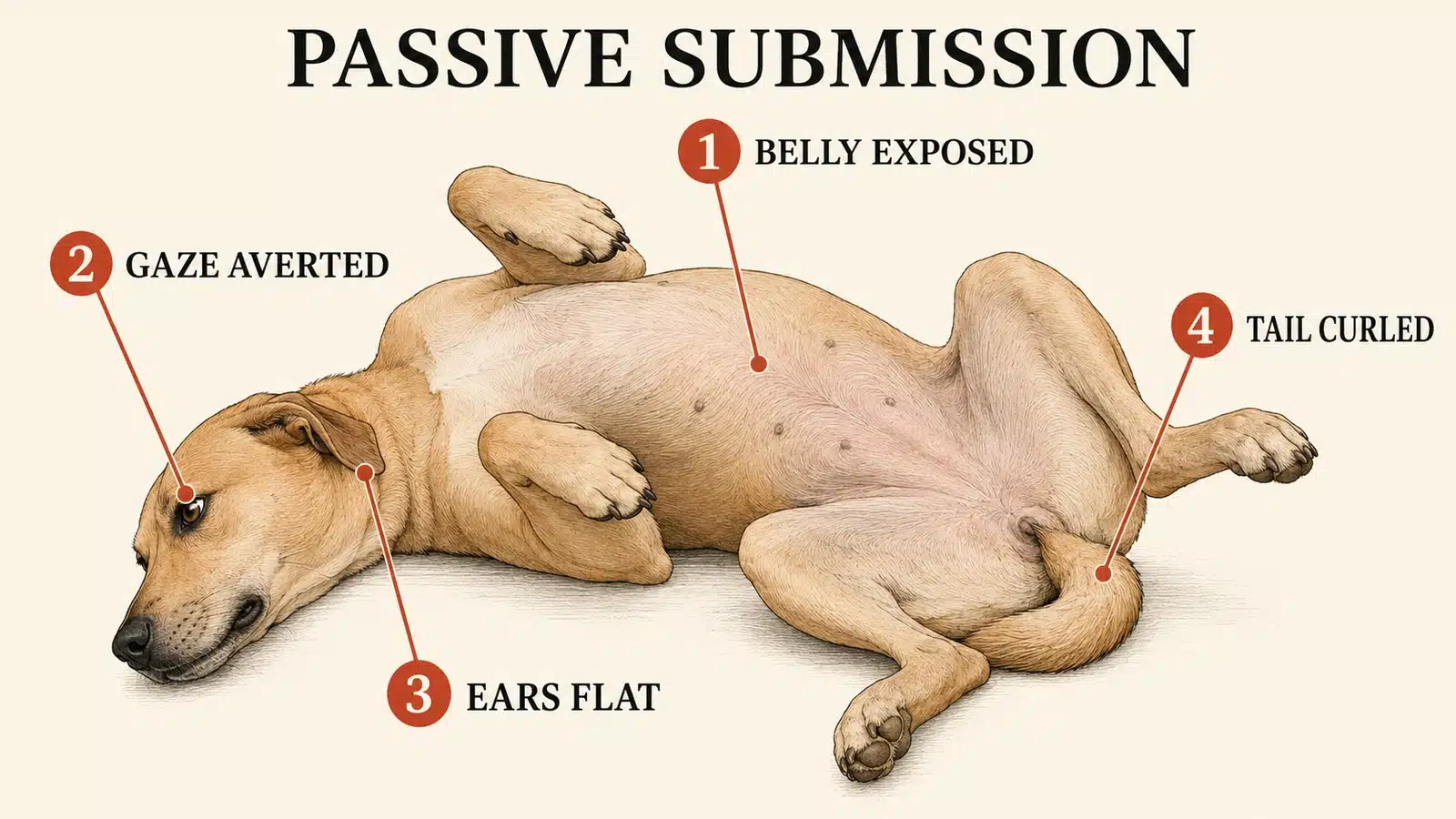 Labeled diagram of full submissive appeasement posture with rollover, averted gaze, and tucked tail