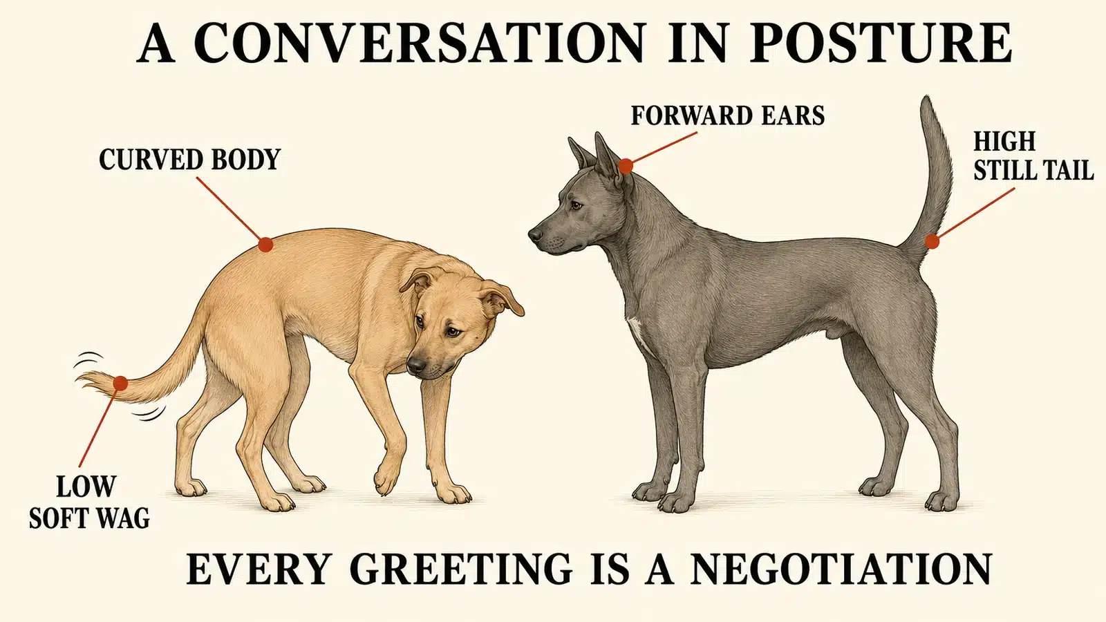 Two dogs mid greeting with annotations showing each dog's body language signals