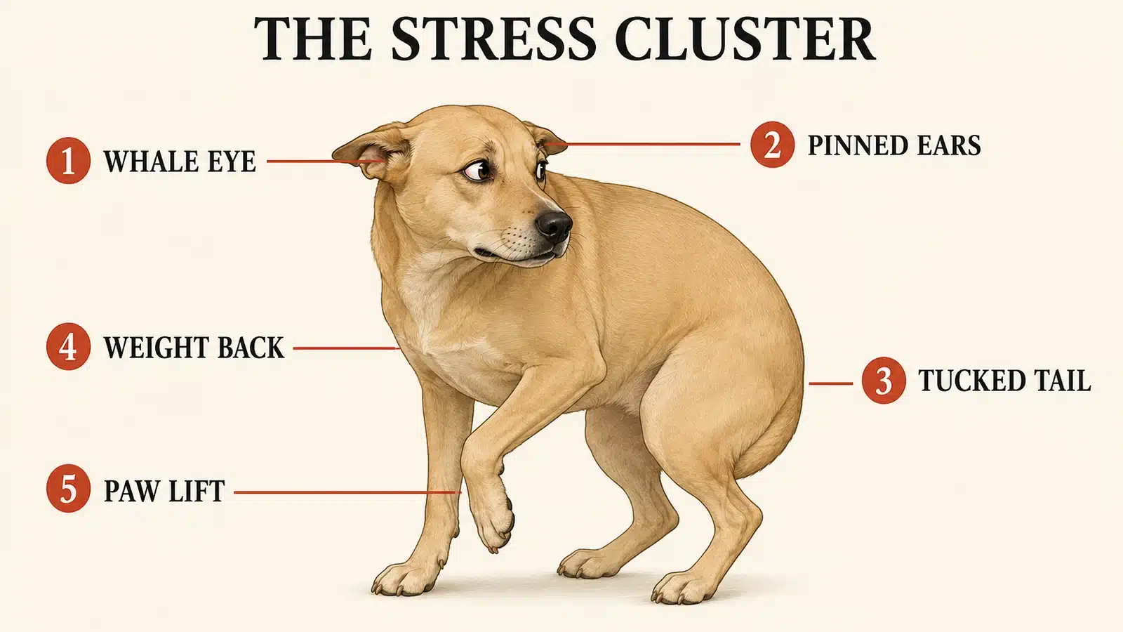 Fully labeled diagram of a dog displaying the whale eye stress cluster with five numbered callouts