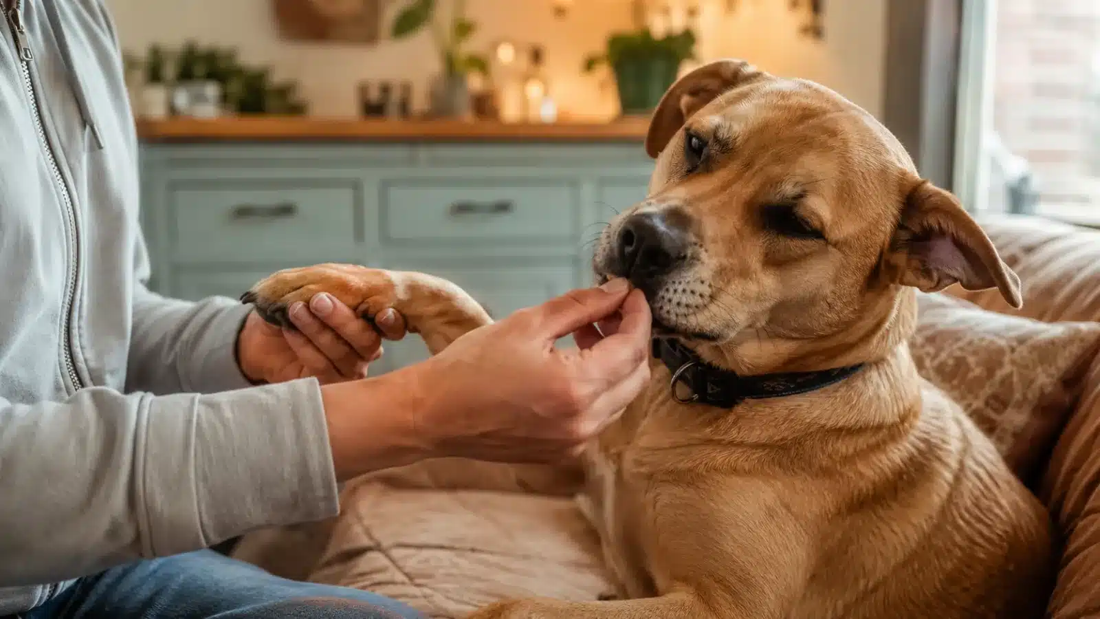 A relaxed dog being gently handled and fed a treat at the same time, showing comfortable, consent-based cooperative care rather than restraint