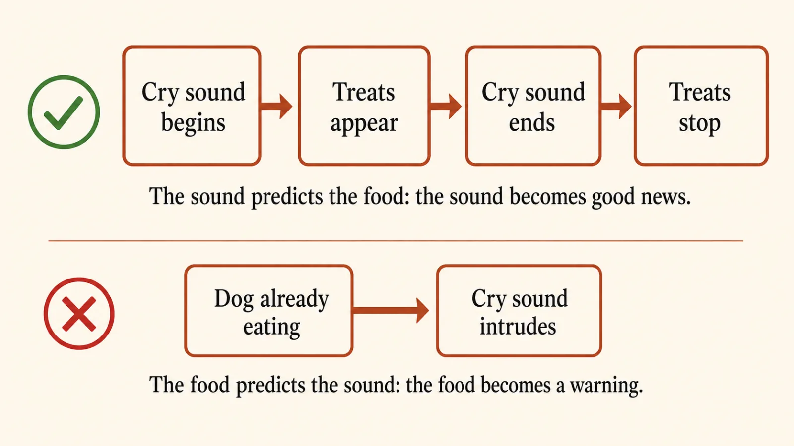 Diagram showing the correct counterconditioning order where the cry sound comes before treats, versus the wrong order where treats are interrupted by the sound