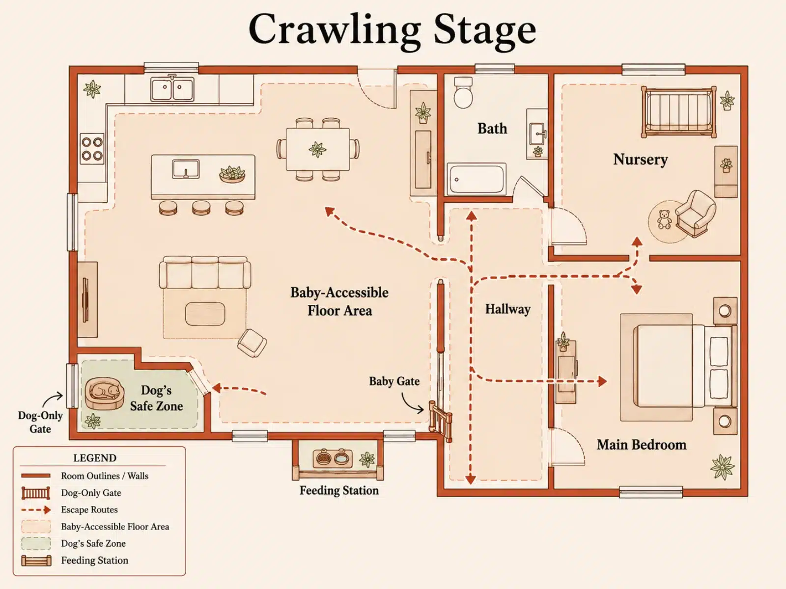 Overhead floor plan for the crawling stage showing the dog's gated safe zone, a raised feeding station, marked escape routes, and the expanded baby-accessible floor area