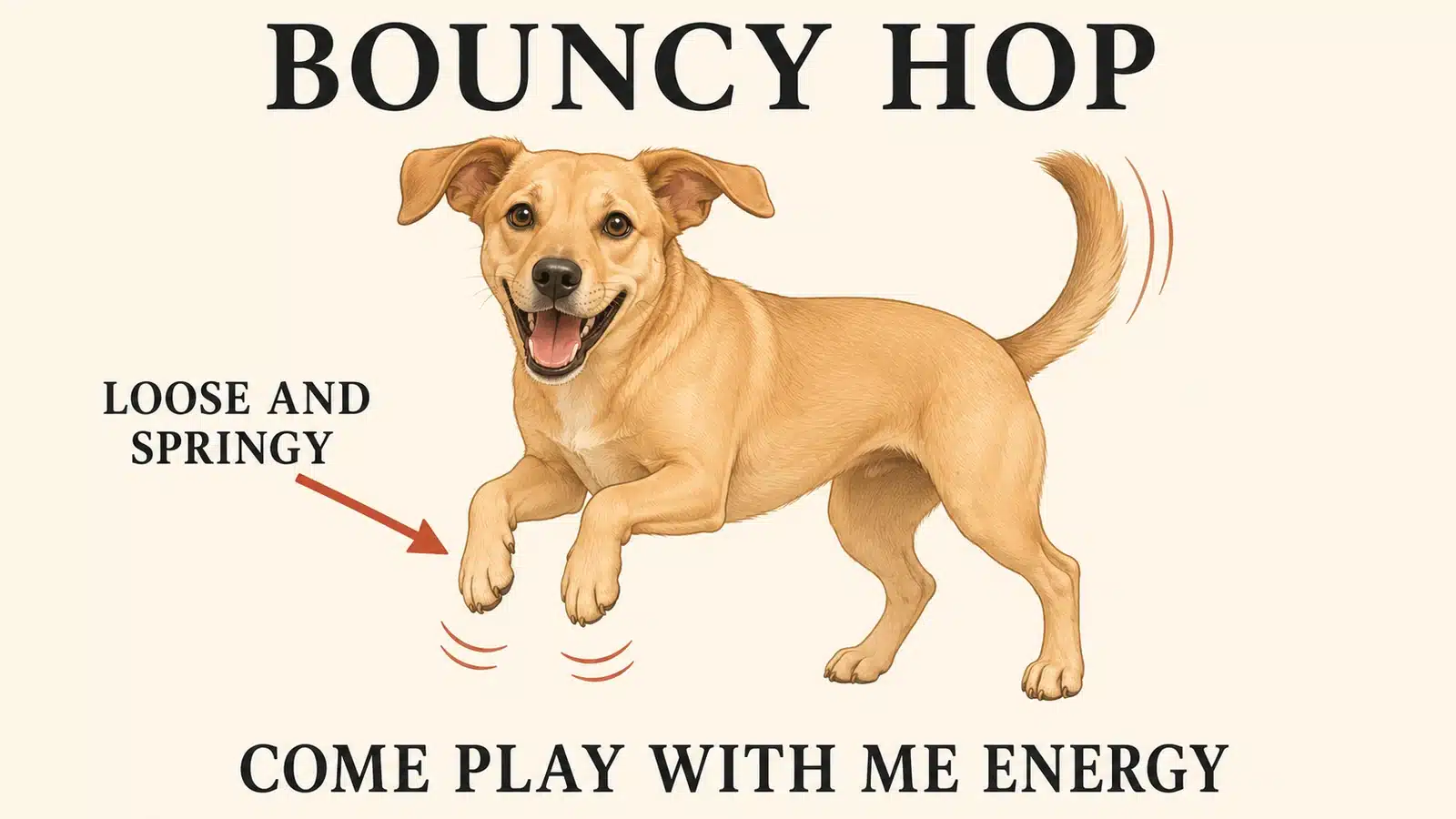 Dog doing light bouncy hops with a wiggly body to invite interaction