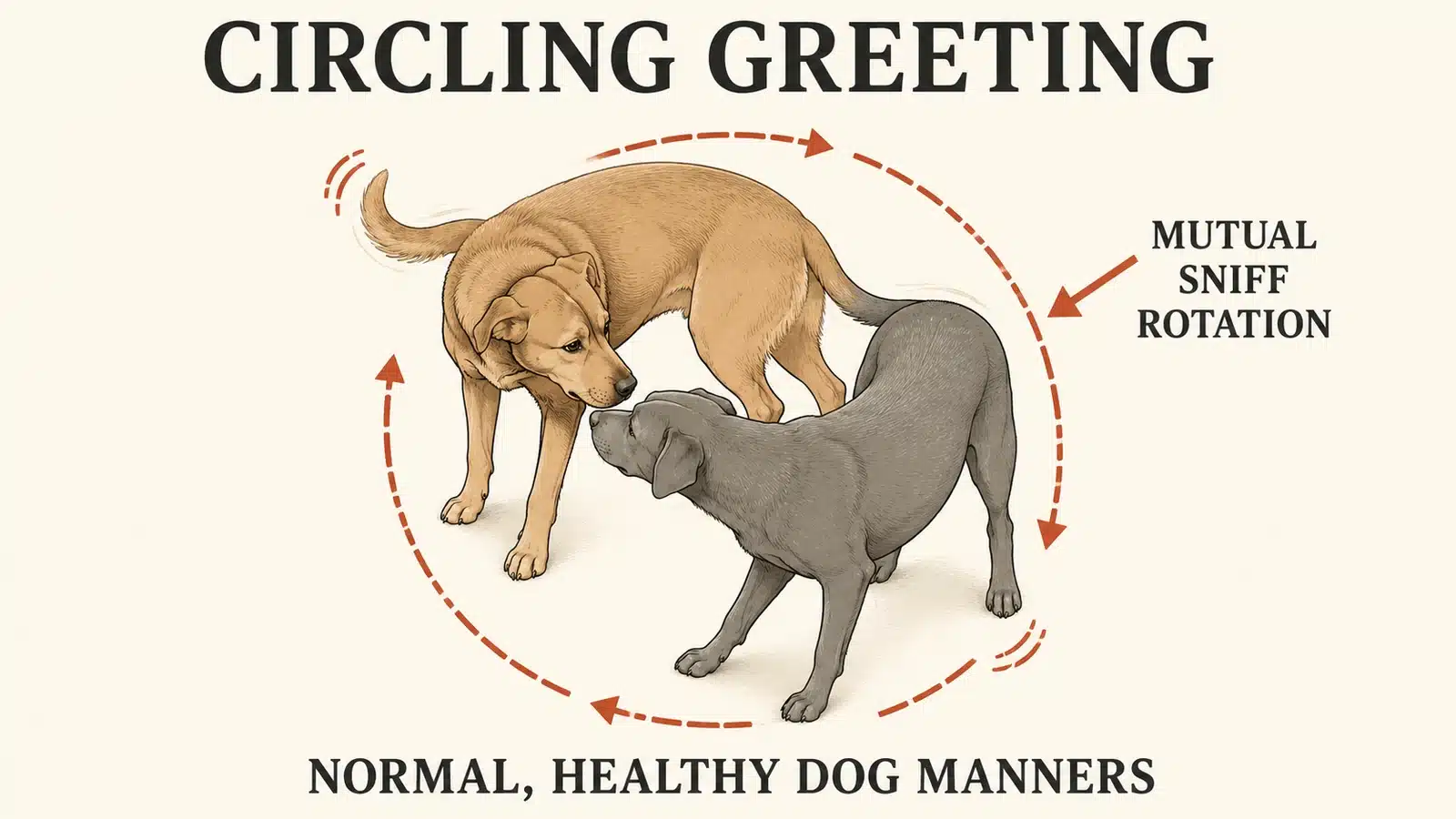 Two dogs circling each other to sniff during a polite friendly greeting