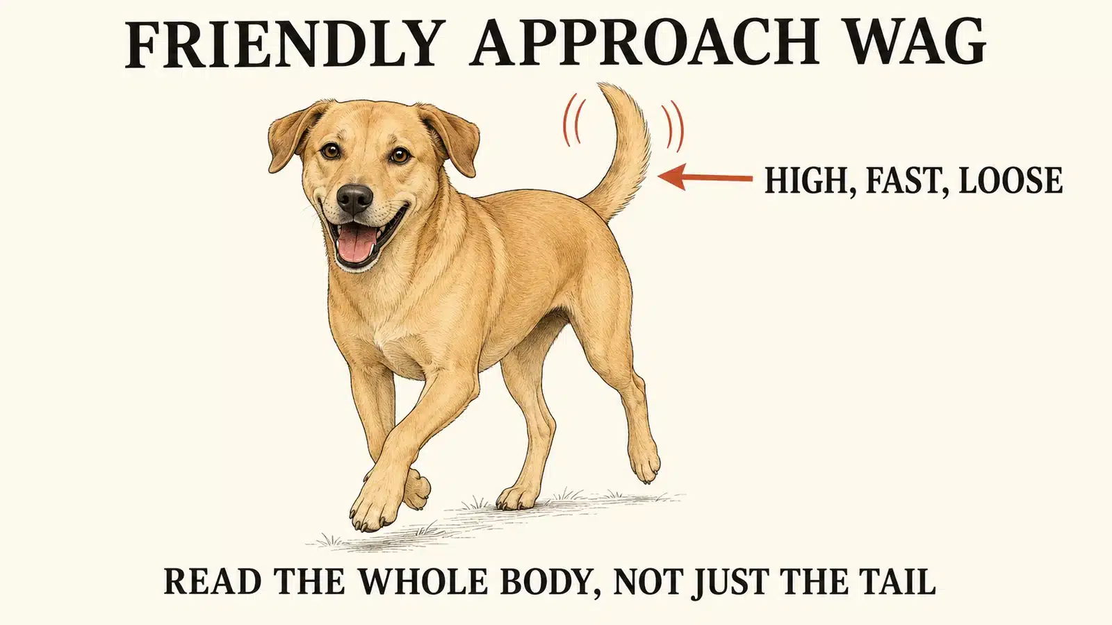 Dog approaching with a high fast friendly tail wag and loose body