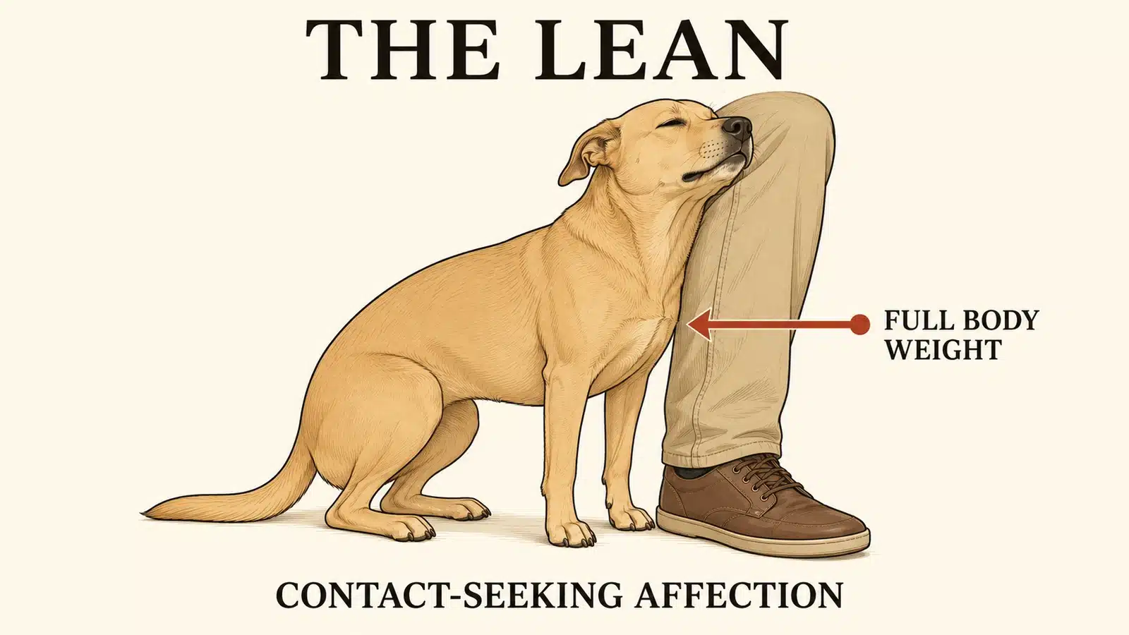 Dog leaning its full body weight affectionately against its pet parent's leg