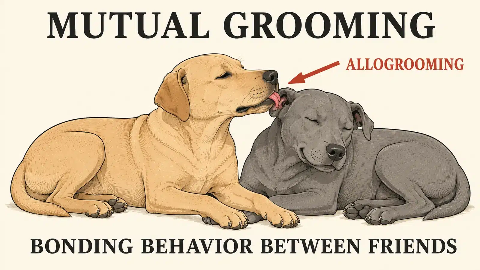 Two relaxed dogs gently grooming each other's faces and ears while lying together