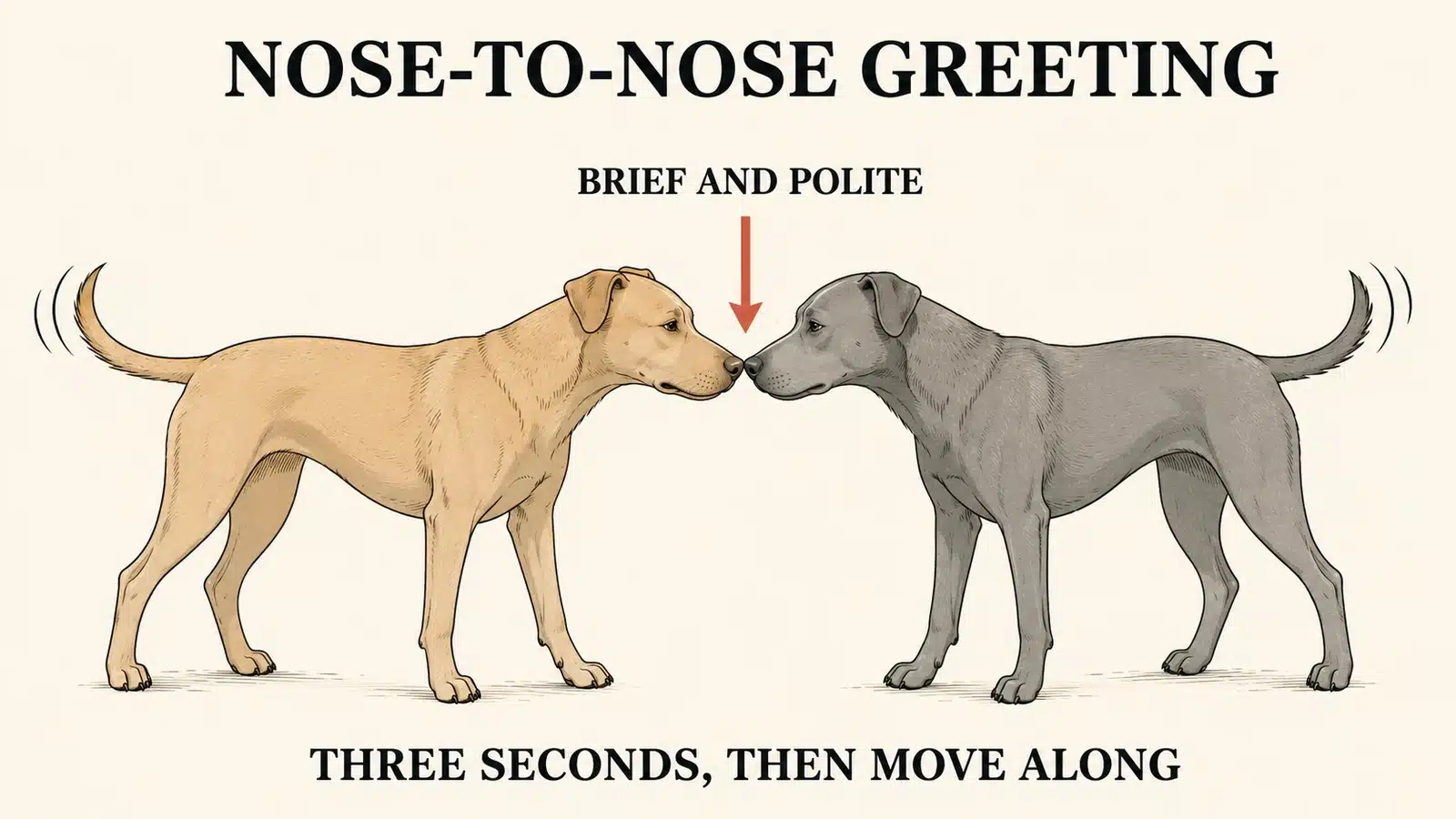 Two dogs touching noses in a brief polite greeting