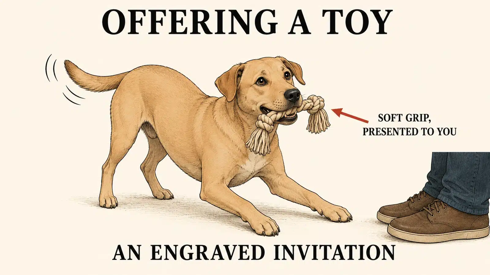 Dog carrying a toy to a person and offering it as an invitation to engage
