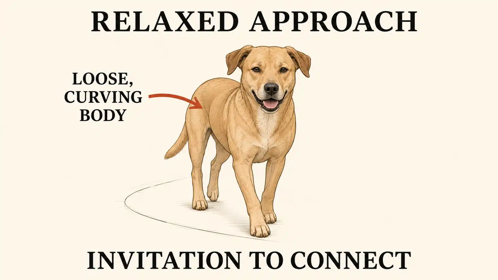 Dog with soft eyes and a loose curving body walking toward the viewer in a friendly approach