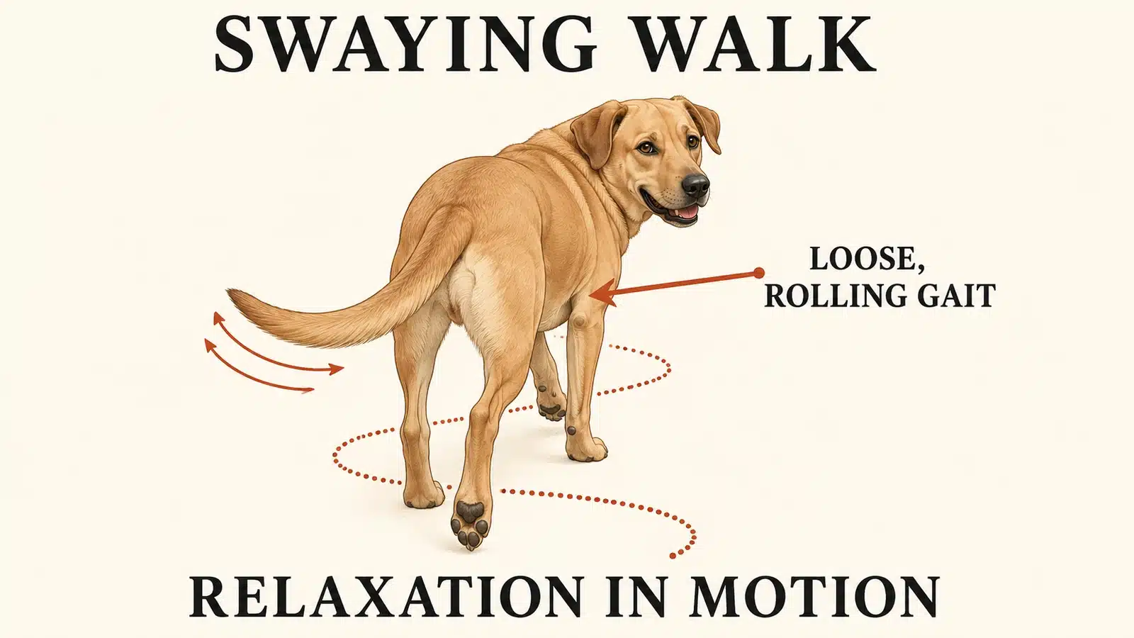 Dog walking with loose swaying hips and a soft wagging tail during a friendly approach