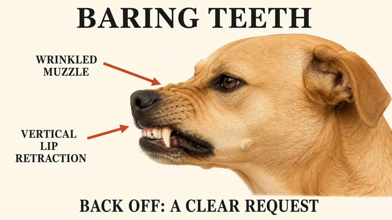 Dog lifting its lip vertically to bare its front teeth as a warning signal