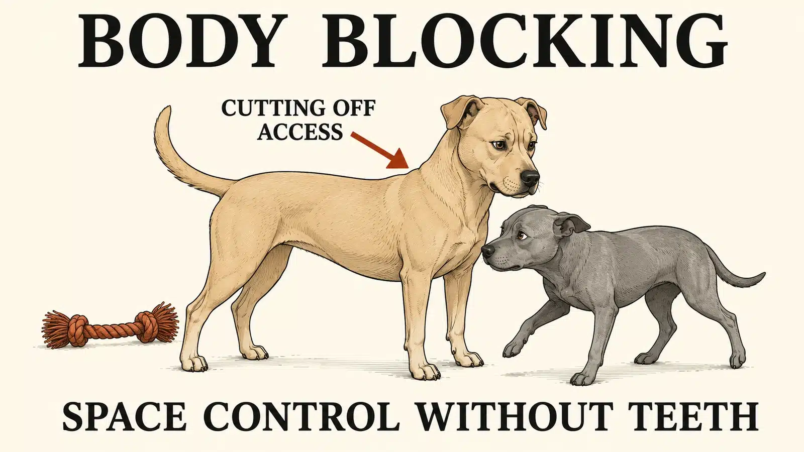 One dog using its body to block and push another dog away from a resource