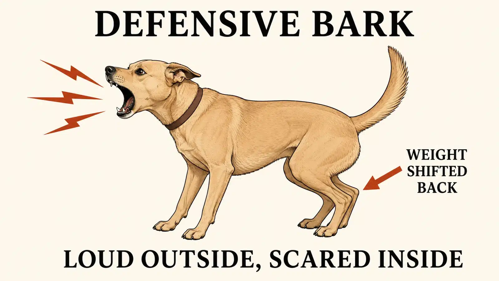 Dog barking defensively with a stiff posture and weight shifted back