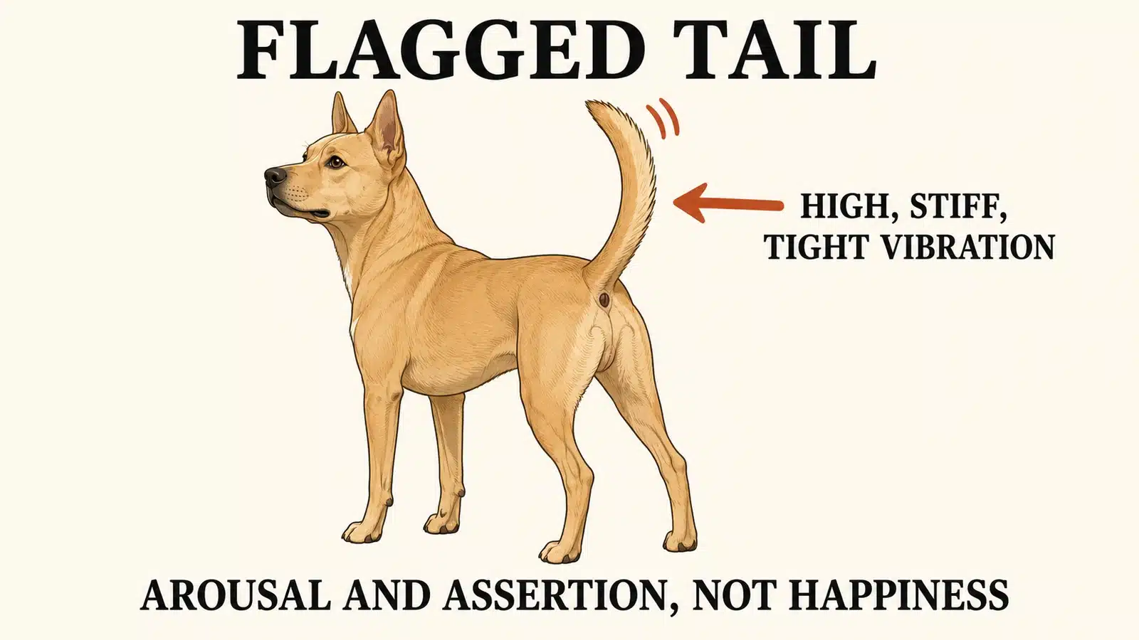 Dog with tail flagged high and stiff over the back signaling assertiveness