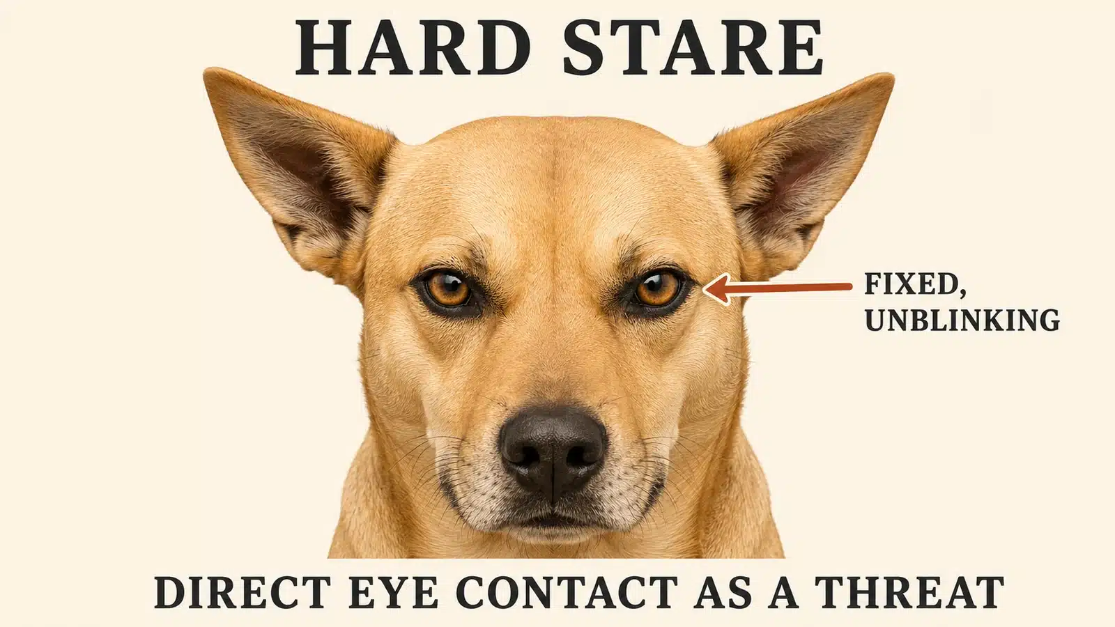 Dog delivering a hard direct stare with a fixed gaze and stiff body