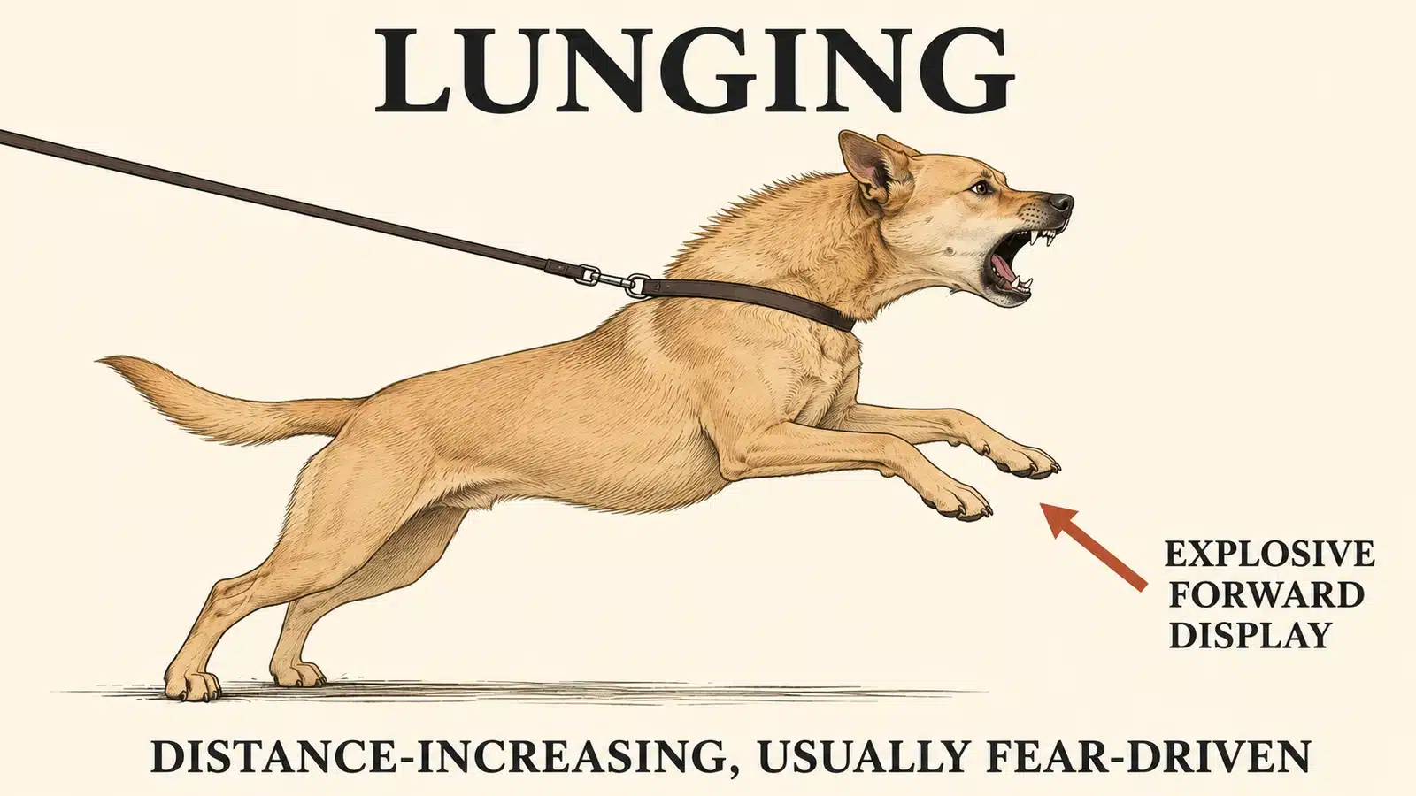 Dog lunging forward at the end of a leash as a distance-increasing display