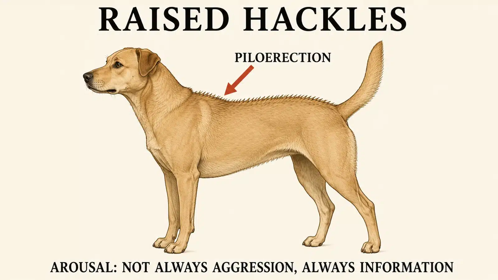 Dog with raised hackles along the shoulders and spine indicating high arousal