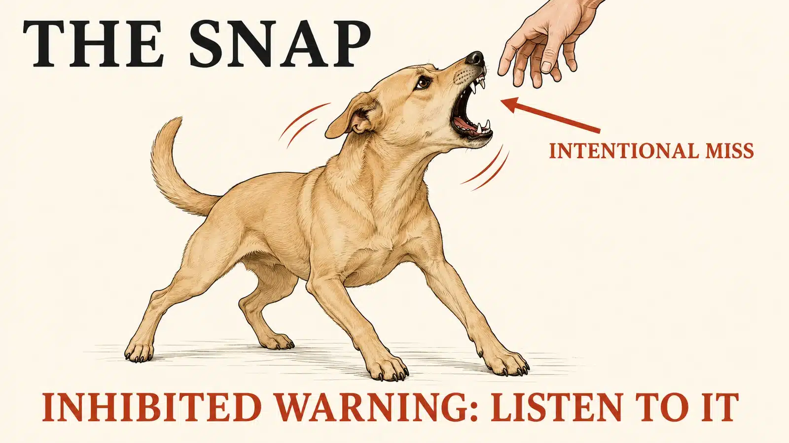 Dog delivering a fast intentional air snap toward an approaching hand without making contact