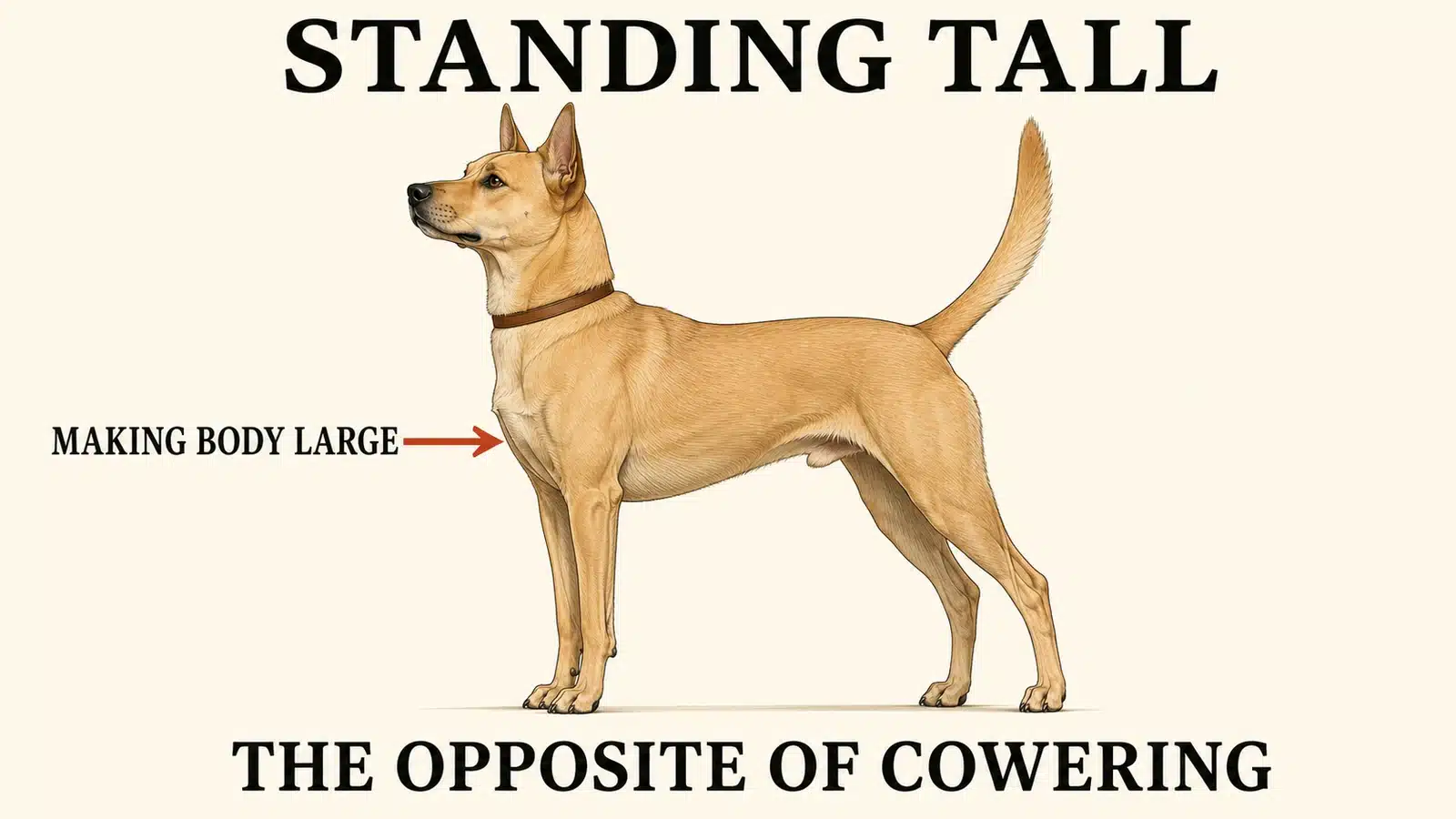 Dog standing as tall as possible with chest puffed and head high in an assertive display